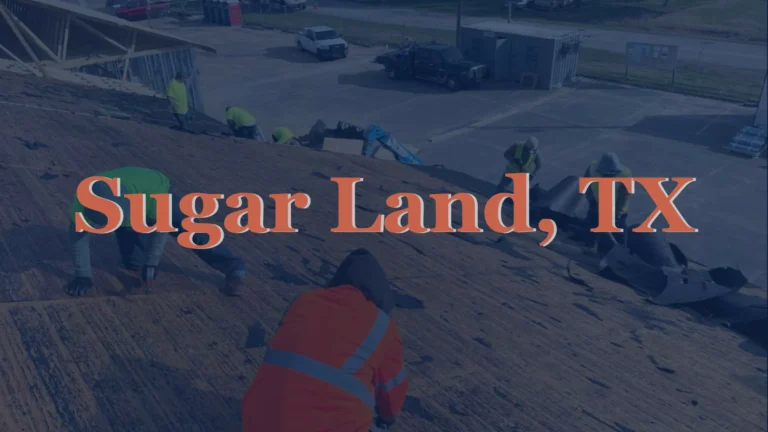 This image shows a roofer in Sugar Land, TX actively removing old asphalt shingles from the roof, exposing the underlying deck for replacement.