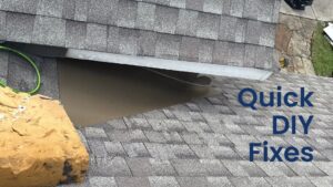 Temporary patchwork applied for a quick roof leak repair to prevent water damage during rain.