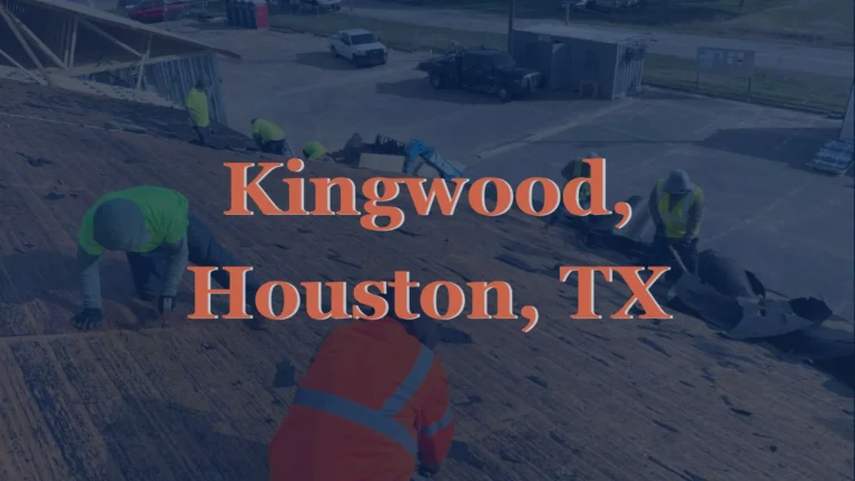 This image shows roofers removing asphalt shingles from a home in Kingwood, Houston, TX, exposing the underlying deck in preparation for a full roof replacement.