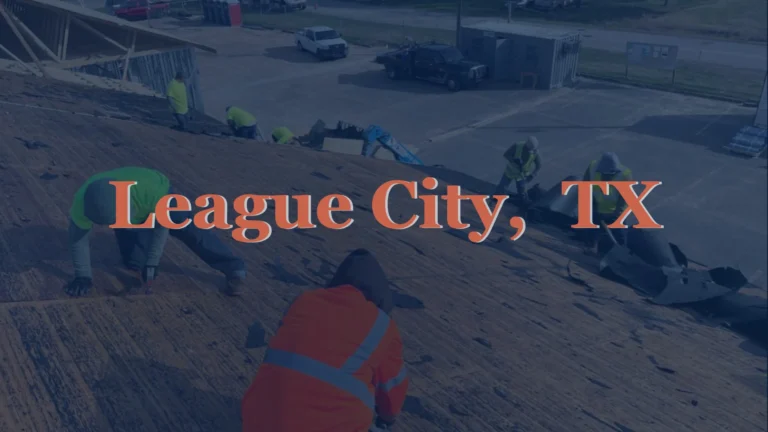 This image shows a professional roofer removing old asphalt shingles from a residential roof in League City, TX, preparing the home for a complete roofing upgrade.