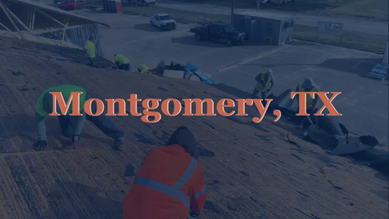 This image shows a team of roofers in Montgomery, TX carefully removing old asphalt shingles from a residential roof, preparing for a complete reinstallation.