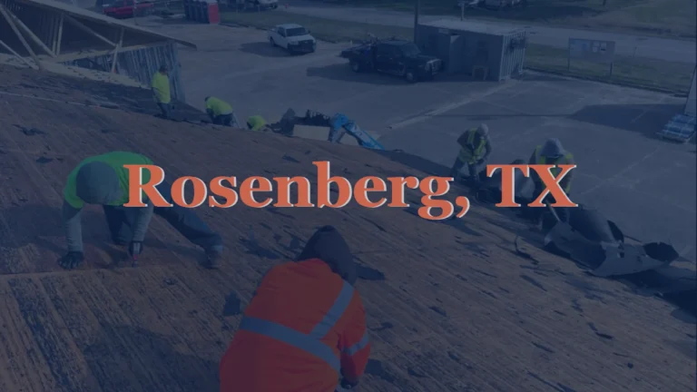 This image shows a team of roofers carefully removing old asphalt shingles from a house in Rosenberg, TX, preparing the roof for a full replacement.