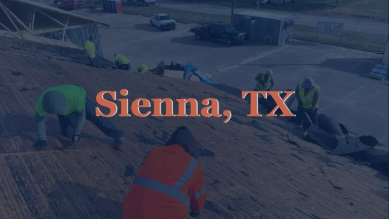 This image shows a roofer in safety gear removing old asphalt shingles from a house roof in Sienna, TX.
