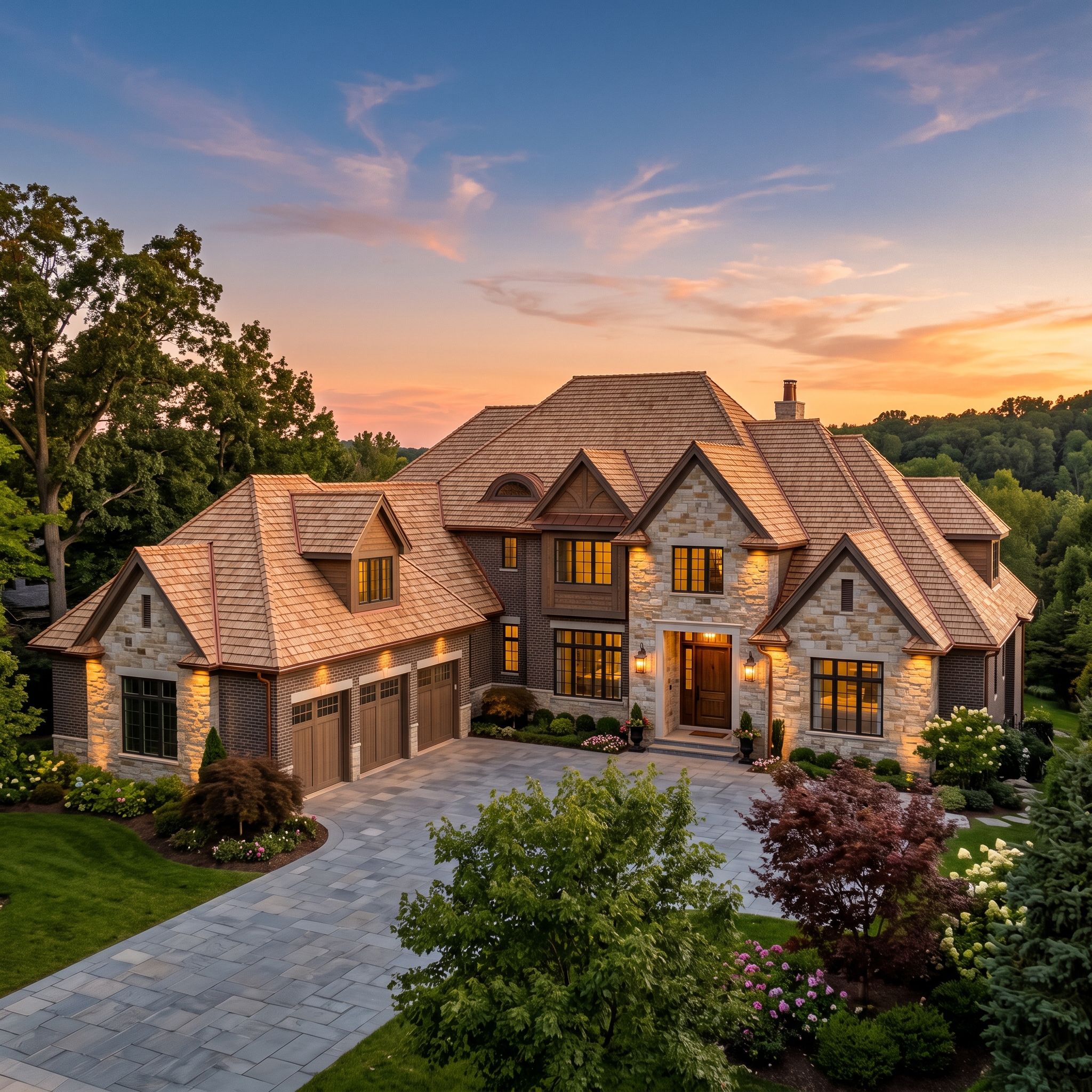 Luxury residential home featuring a premium natural cedar wood shake roofing system installed by Achilles Roofing & Exterior