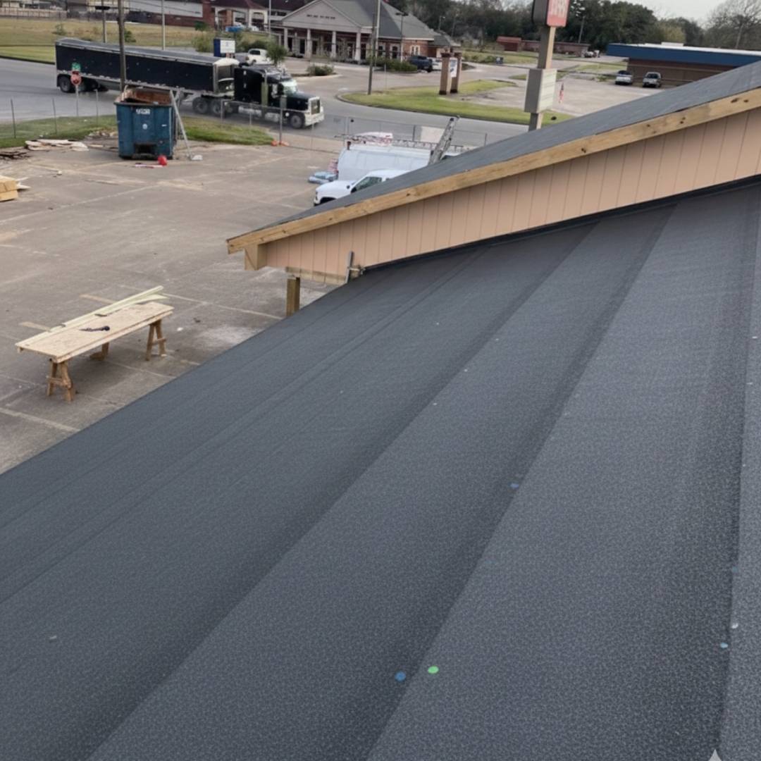 Commercial peel and stick waterproofing membrane installation on a roof deck by Achilles Roofing & Exterior