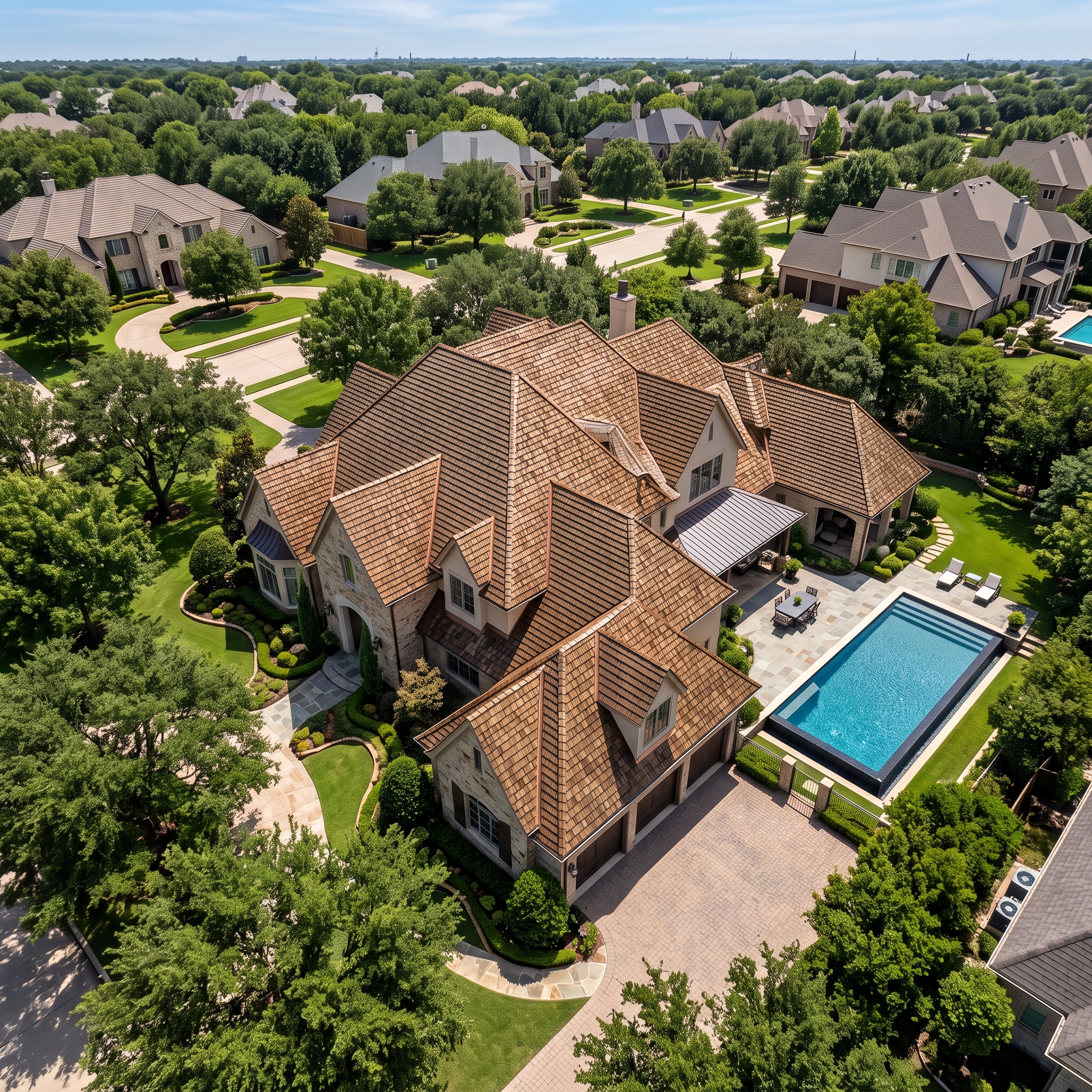 Aerial drone view of a luxury residential estate with a wood shake roofing system installed by Achilles Roofing & Exterior