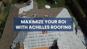 Aerial view of a Houston residential roof installation project in progress, showing new underlayment (FeltDuster) and existing shingles.