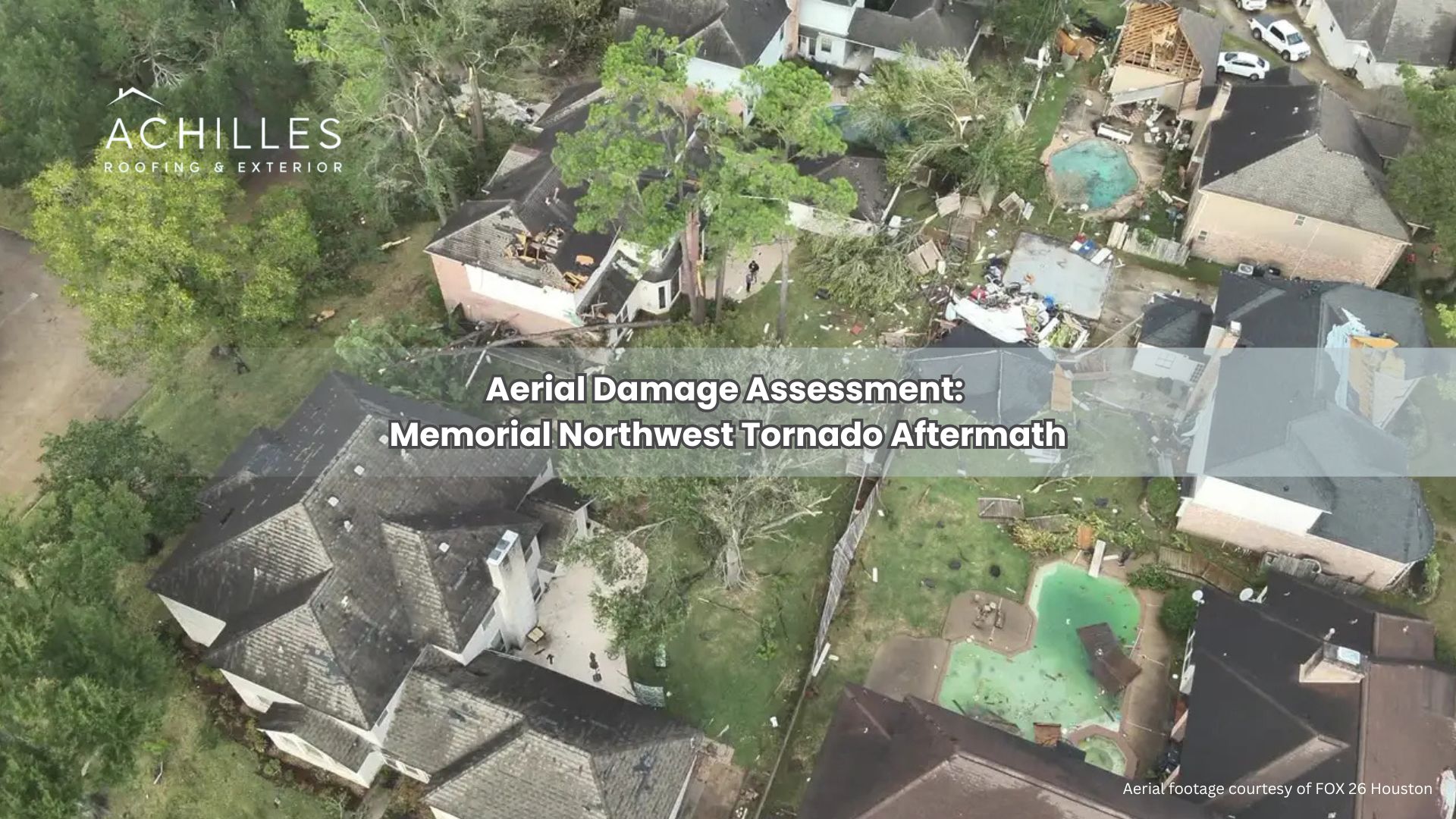Aerial view of severe tornado damage in Memorial Northwest subdivision near Klein, Texas, showing destroyed roofs, uprooted trees, and debris scattered in backyards after the November 24, 2025 storm.