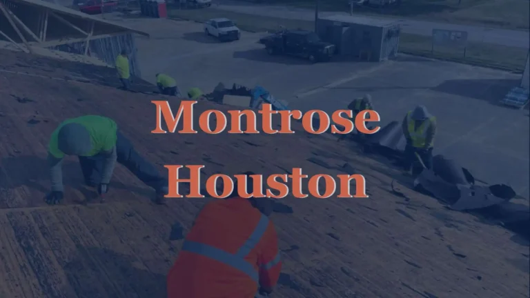 This image shows a roof service crew working in Montrose Houston, actively removing old shingles and preparing the surface for repair or replacement — a key part of professional roofing maintenance.