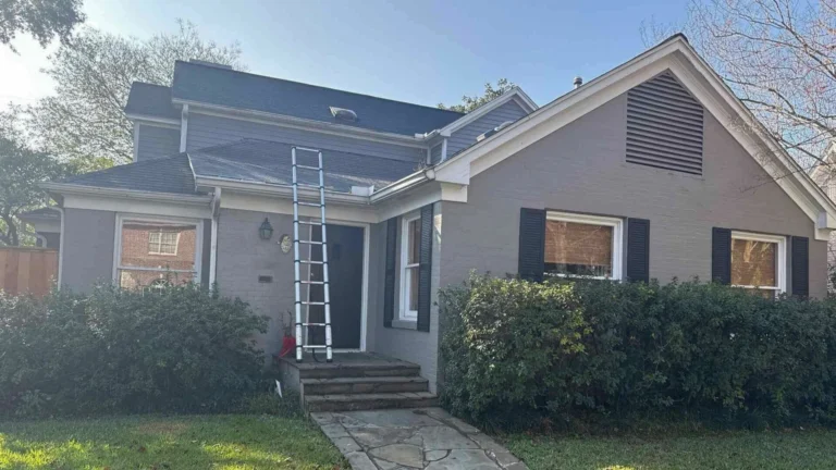 This image shows a freshly completed roof replacement on a Houston, TX home — new shingles, clean roofline, and restored structural integrity visible.