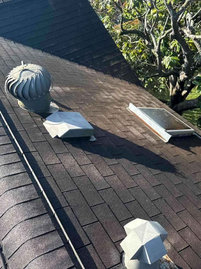 This image shows a Houston residence with an aging roof — old asphalt shingles are discolored and show wear before complete roof restoration.