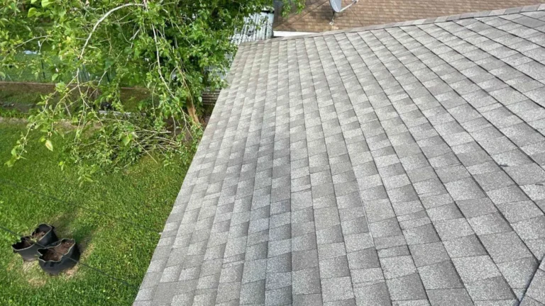 This image shows a freshly installed asphalt shingle roof after roof repair — the shingles appear uniform, clean, and evenly aligned on a Houston, TX home exterior.