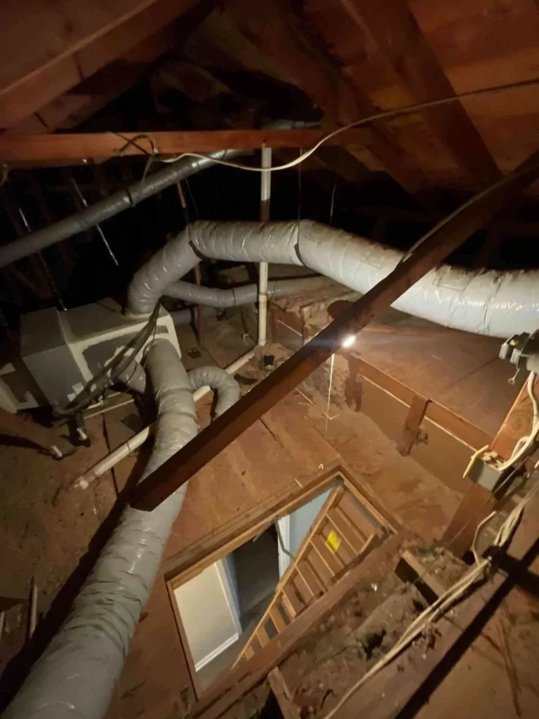 This image shows a repaired roof rafter after soffit cleaning, with wood beams restored and soffit panels removed to expose the structure.