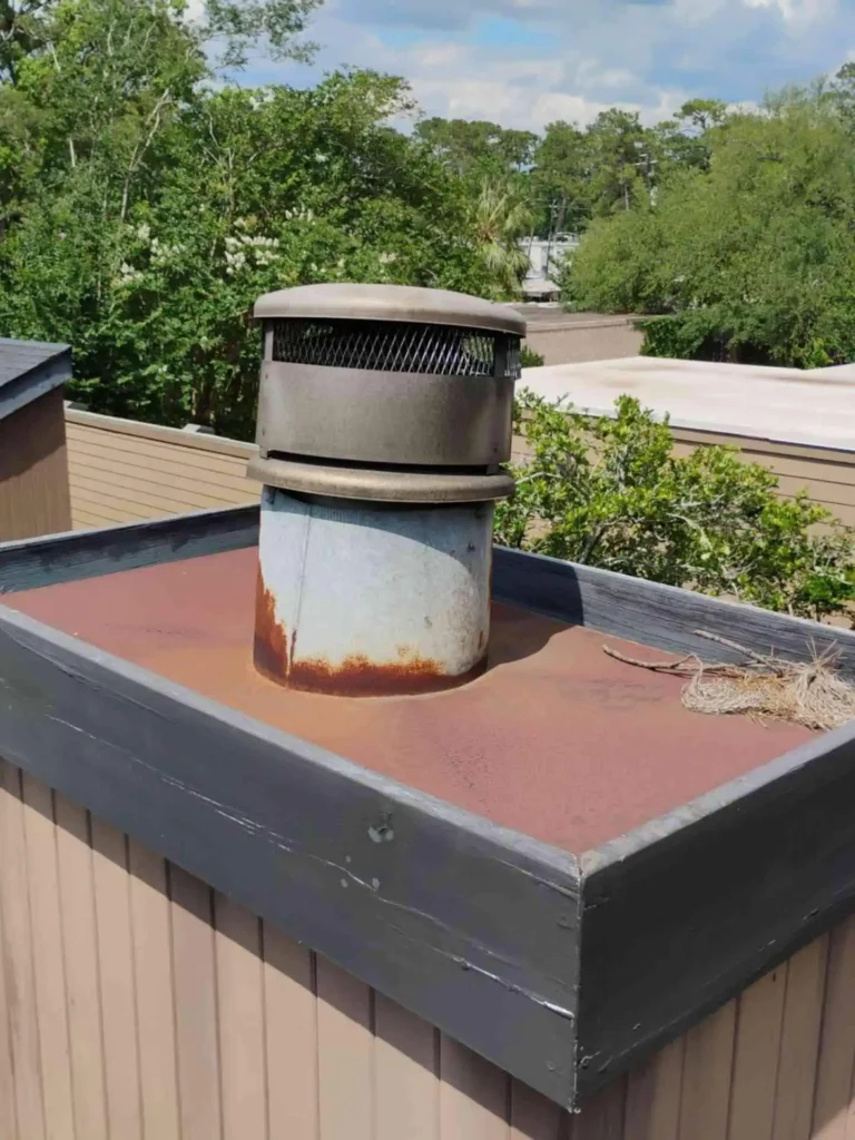 This image shows a rusted chimney stack on a Houston, TX home before repair — visible corrosion on the metal cap and weathered bricks indicate urgent need for chimney repair.