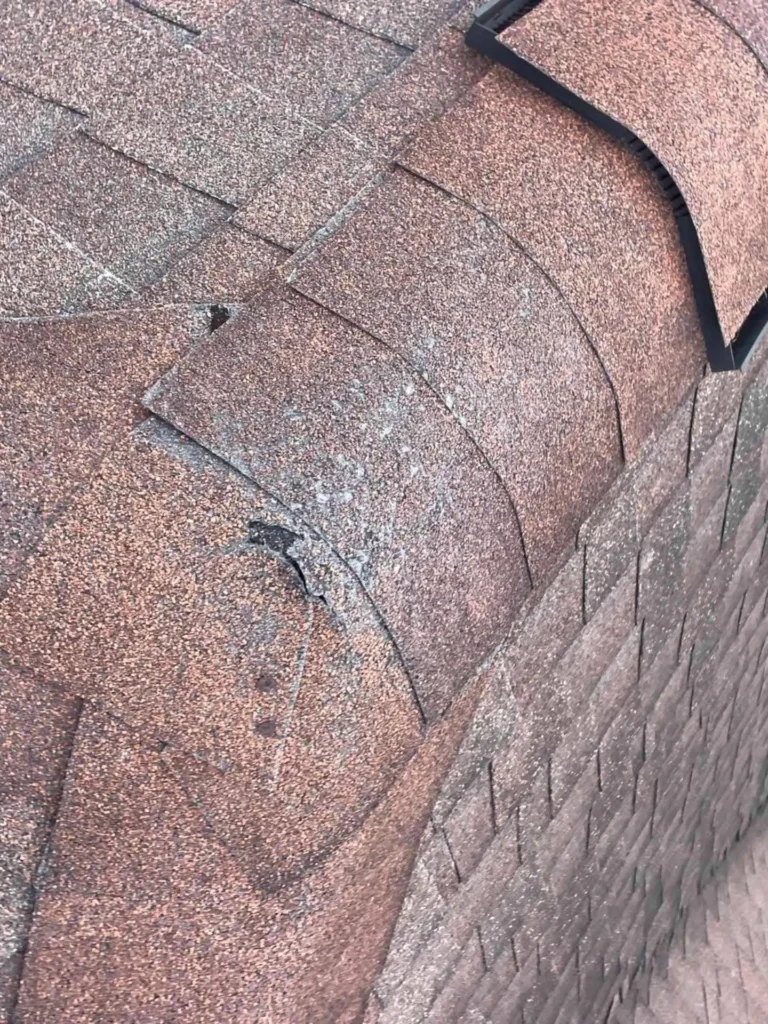 This image shows a section of roof covered with old, damaged shingles before any repair work — granule loss and curling edges are visible.