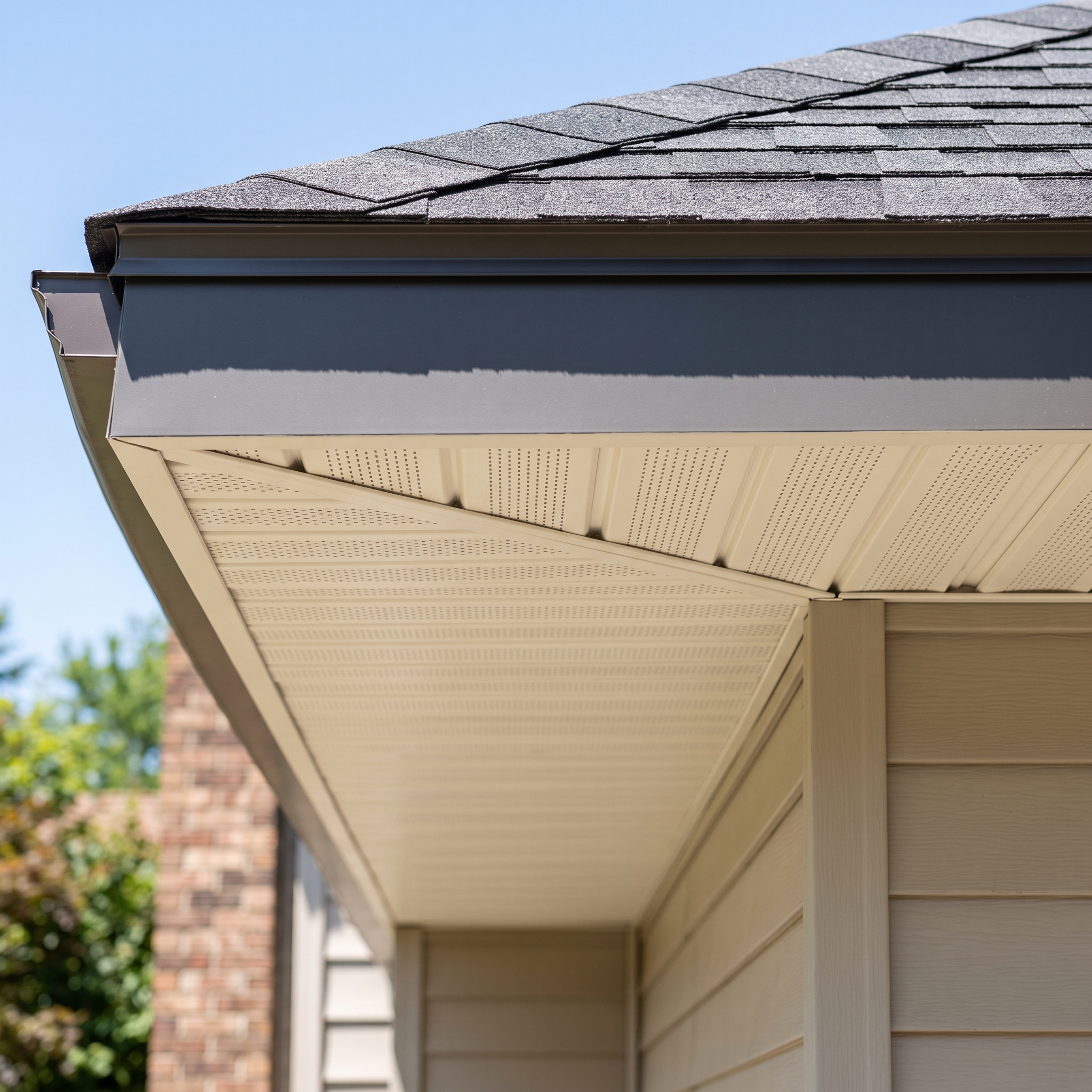 Professionally repaired soffit and fascia trim under roof overhang installed by Achilles Roofing & Exterior