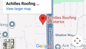 A Google Map screenshot clearly pinpointing the physical location of Achilles Roofing & Exterior. This visual cue establishes the company as a local, accessible business, which is crucial for customers seeking the best roof repair near me and promotes trust based on a clear physical presence in the service area.