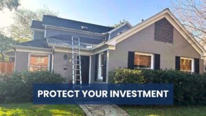 Best Roof Installation. A visually appealing image of a well-maintained home, linking the act of getting a new roof directly to financial and aesthetic value. The message, "PROTECT YOUR INVESTMENT", appeals to homeowners seeking high-ROI improvements, confirming that the company provides the best roof installation for both protection and increasing property worth.