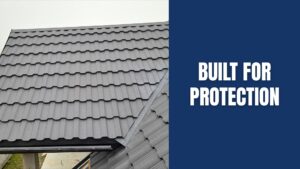 A side-by-side graphic showing a close-up of a scalloped asphalt shingle roof replacement and a navy blue panel with text.