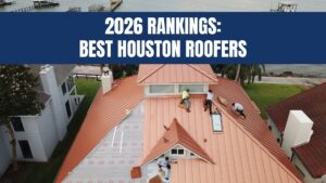 2026 Rankings: Best Houston Roof Contractors text over an aerial view of contractors installing a copper metal roof on a waterfront home.