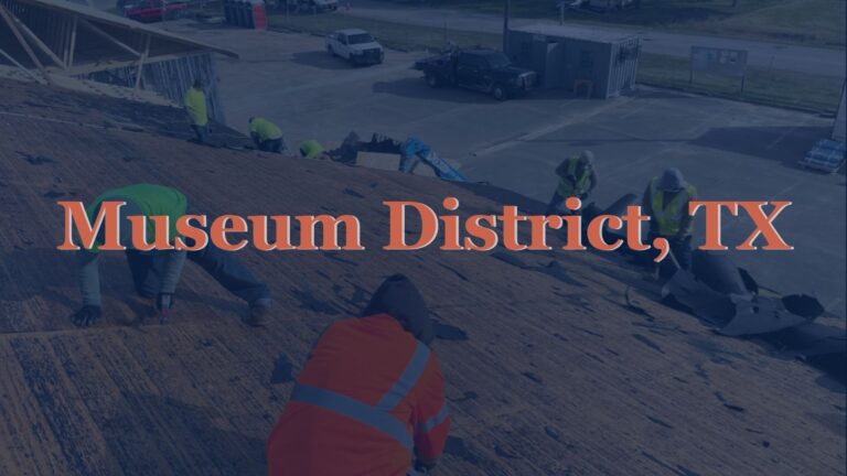 This image shows roofers in Museum District, TX removing worn asphalt shingles as part of a complete roofing replacement service by Achilles Roofing & Exteriors.