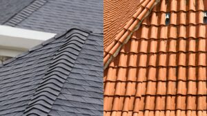 A side-by-side comparison showing the textured look of grey asphalt shingles on the left and the curved, orange-red profile of clay tile on the right.