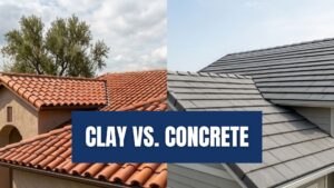 A side-by-side comparison of orange S-shaped clay tile roofing and flat charcoal-colored concrete roofing tiles.