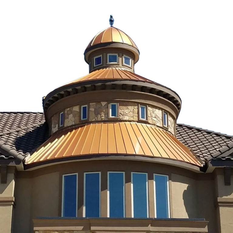 Achilles Roofing Houston installer showcasing a custom copper dome turret integration surrounded by premium residential clay tile roofing profiles.