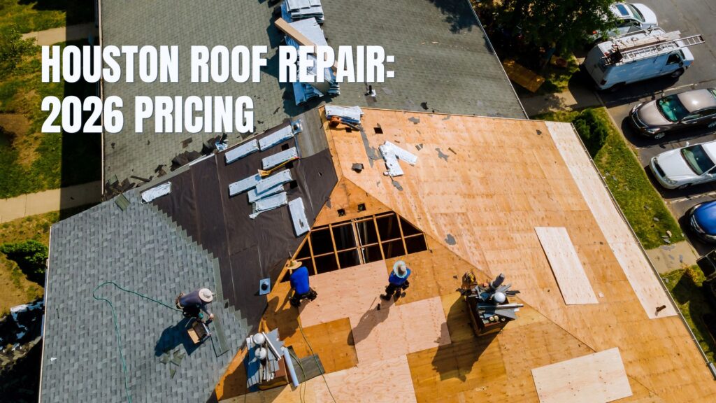 A close-up of weathered roof shingles with a blue banner that reads "HOUSTON ROOF REPAIR: 2026 PRICING."