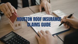 A homeowner and a professional discussing a document with a miniature house model and a calculator, featuring the text "HOUSTON ROOF INSURANCE CLAIMS GUIDE."