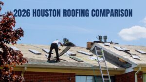 A professional roofing contractor installing asphalt shingles on a residential home in Houston, featuring a "2026 Houston Roofing Comparison" text overlay.