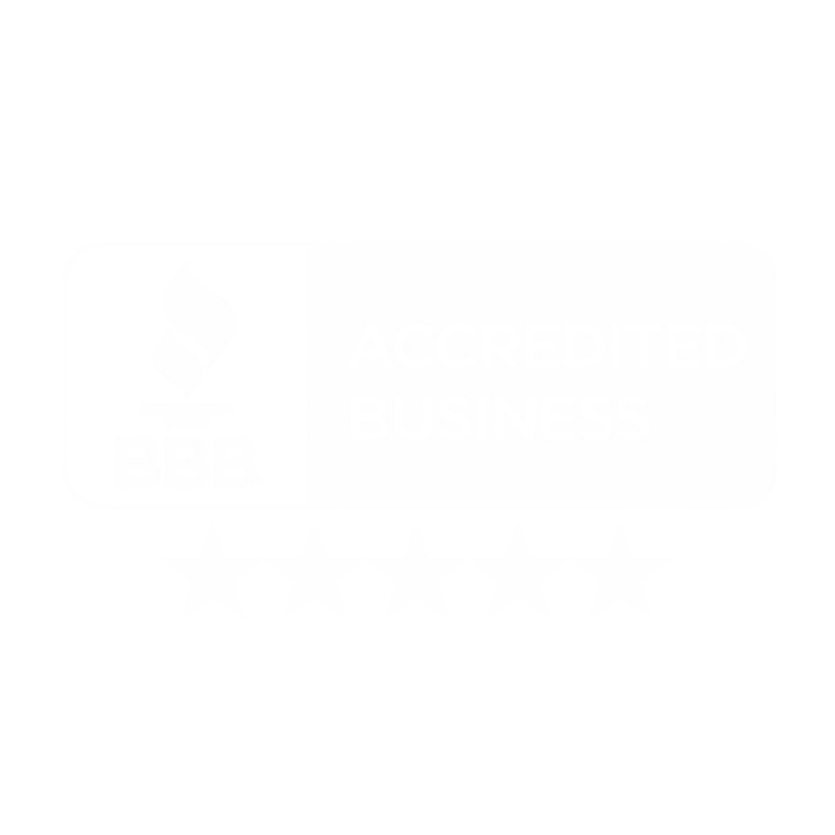 BBB Accredited Business seal with five stars indicating a top rating.