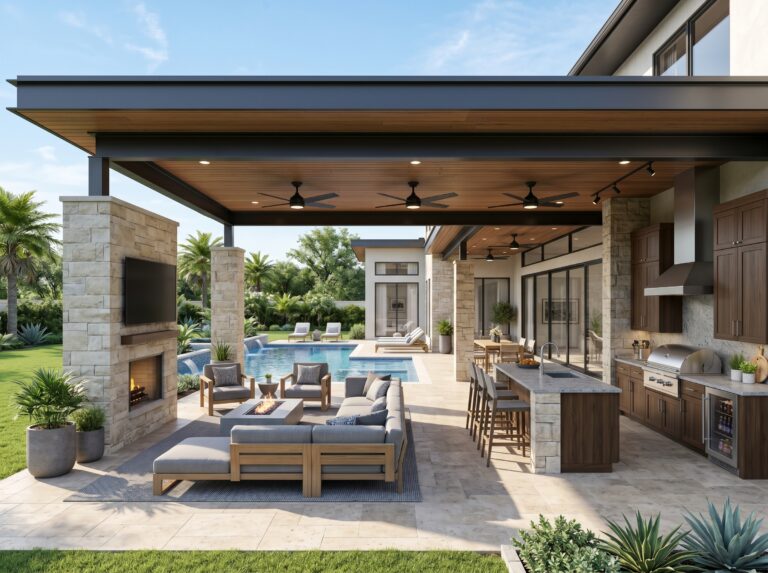 Modern covered patio with a stone fireplace, outdoor kitchen island, sectionals, ceiling fans.