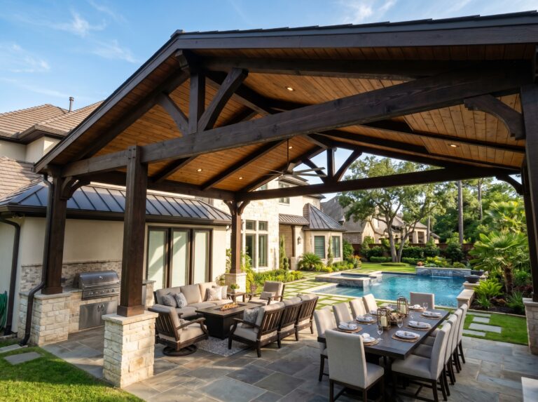 Large wooden pavilion featuring an outdoor living room with a fire pit, a long dining table, a built-in grill station