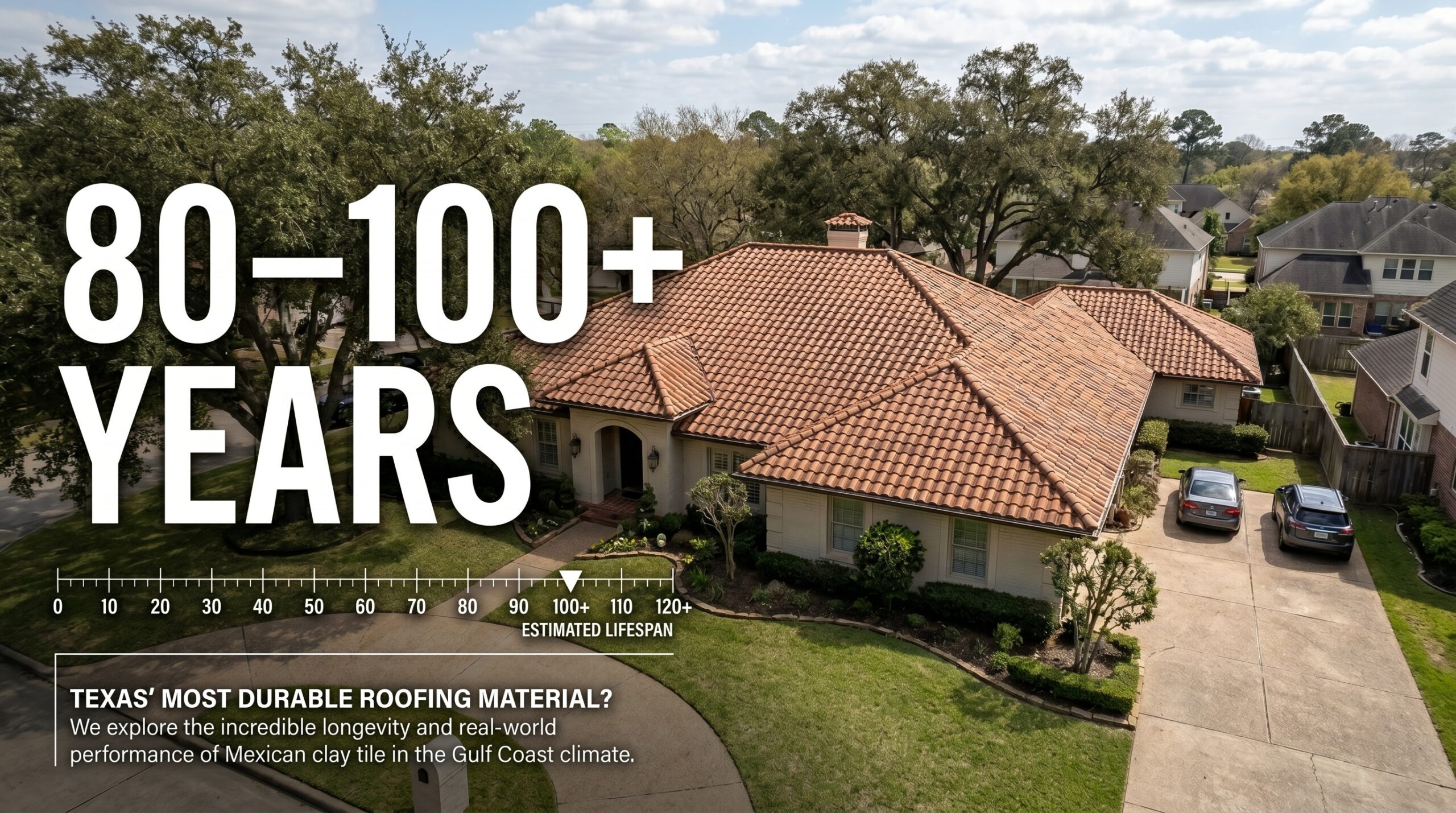 An overhead view of a beautiful terracotta home highlighting an estimated lifespan of 80 to 100 plus years, illustrating the long-term value of a Mexican clay tile roof.