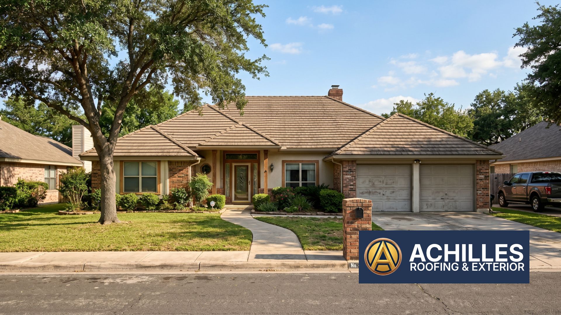 An Achilles Roofing & Exteriors title card displaying a beautiful residential home with a pristine tile system, emphasizing professional concrete tile roof maintenance.