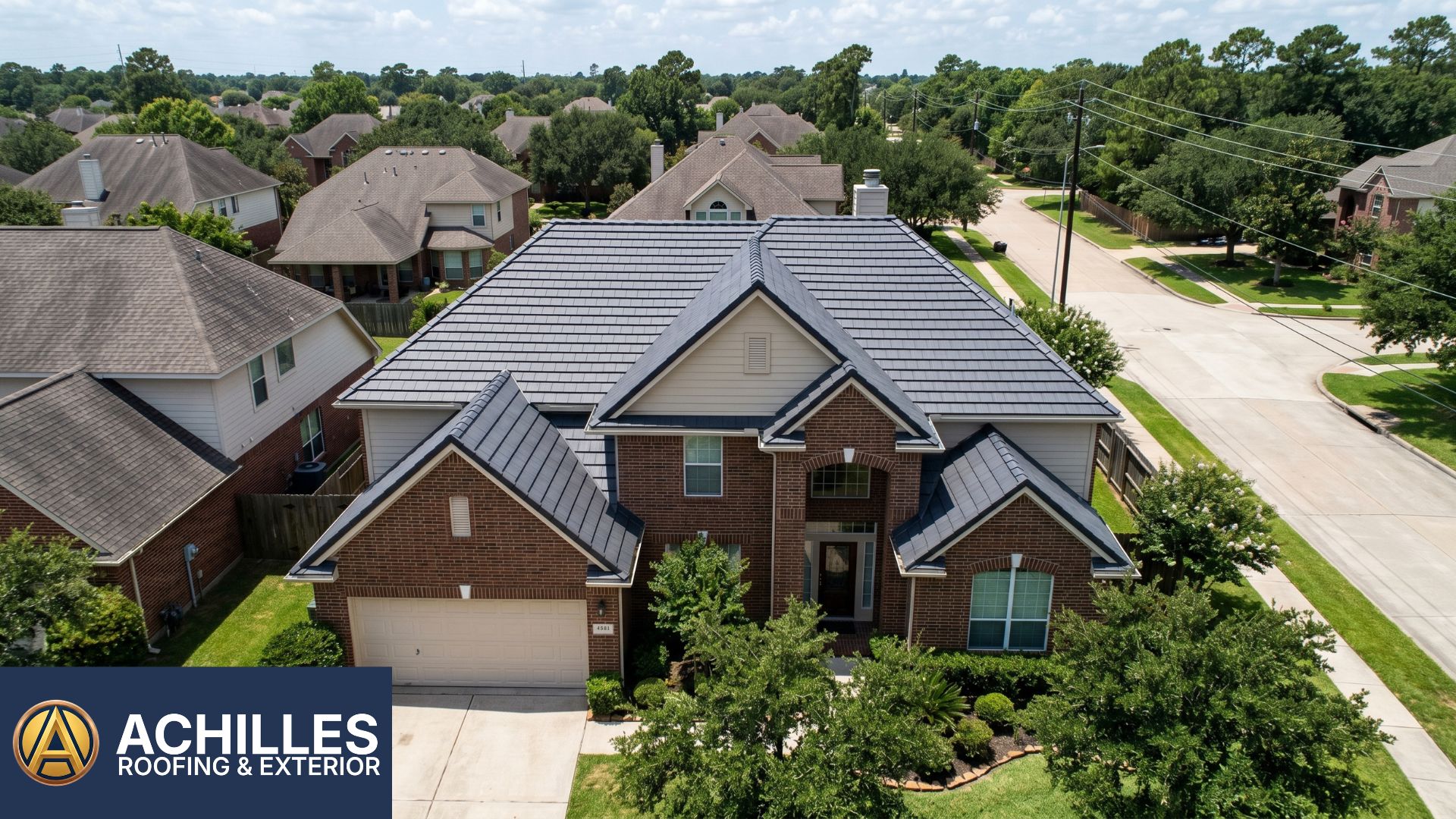 An aerial perspective of a two-story residential home highlighting a flawless dark grey stone finish, showcasing a high-quality concrete tile roof replacement.
