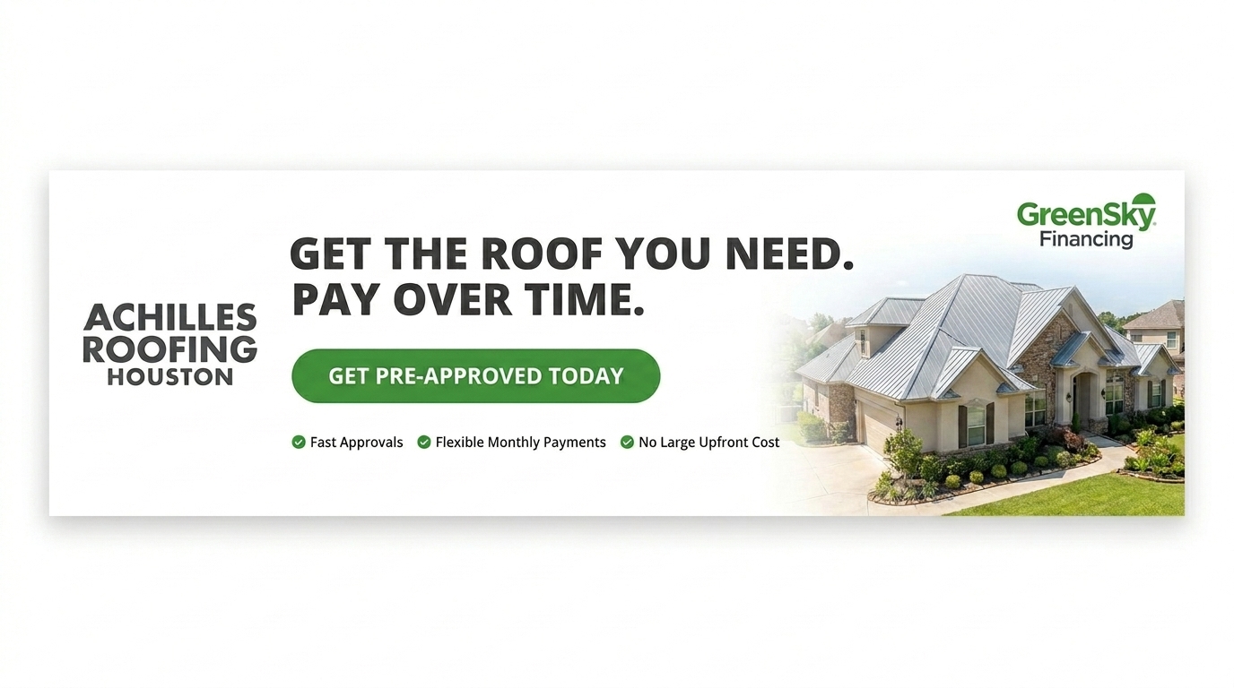 An Achilles Roofing Houston promotional banner featuring GreenSky Financing options to help homeowners manage their aluminum metal roof cost with flexible monthly payments.