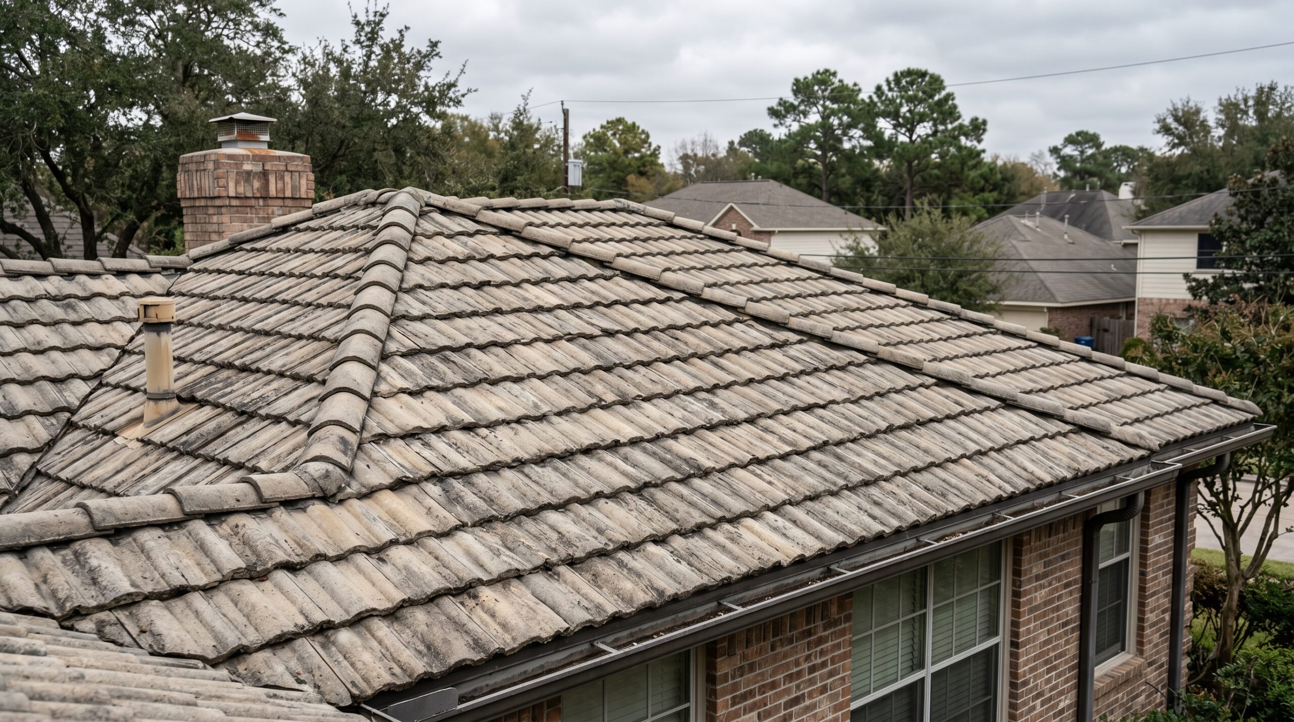 An elevated view of an aging, weathered residential rooftop, demonstrating the importance of structural inspections and regular concrete tile roof maintenance.