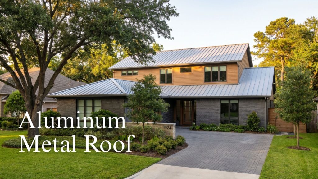 A modern two-story home with grey brick and warm wood siding, showcasing a premium light silver aluminum metal roof installation.