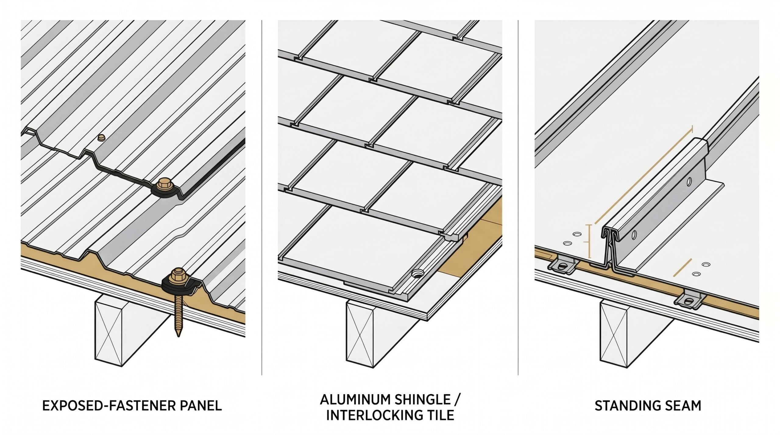 A technical architectural diagram comparing three metal roofing profiles—exposed-fastener panels, aluminum shingles or interlocking tiles, and standing seam—illustrating the installation mechanics essential to evaluating aluminum metal roof pros and cons.