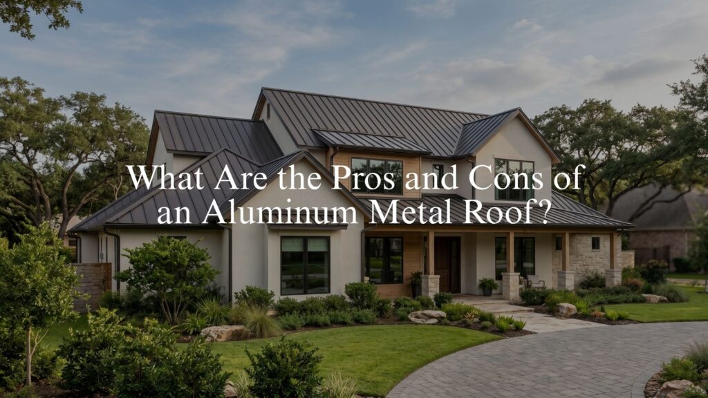 A beautiful modern home featuring a dark standing seam aluminum roof, with overlay text asking about aluminum metal roof pros and cons.