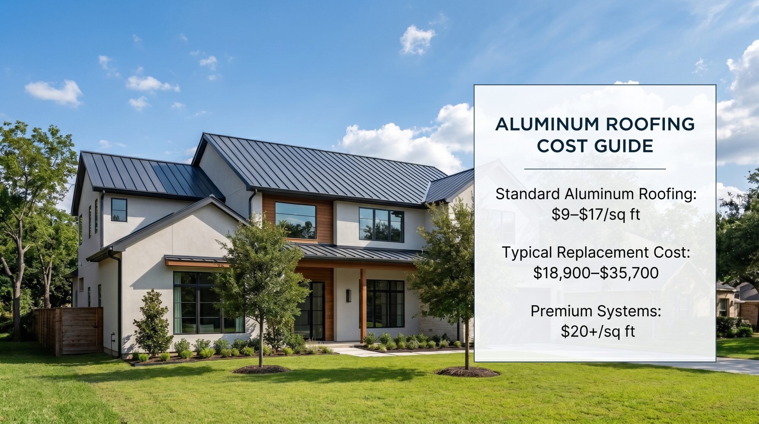 An Achilles pricing infographic over a modern home with a dark standing seam install, outlining square-foot estimates and project costs for an aluminum metal roof.