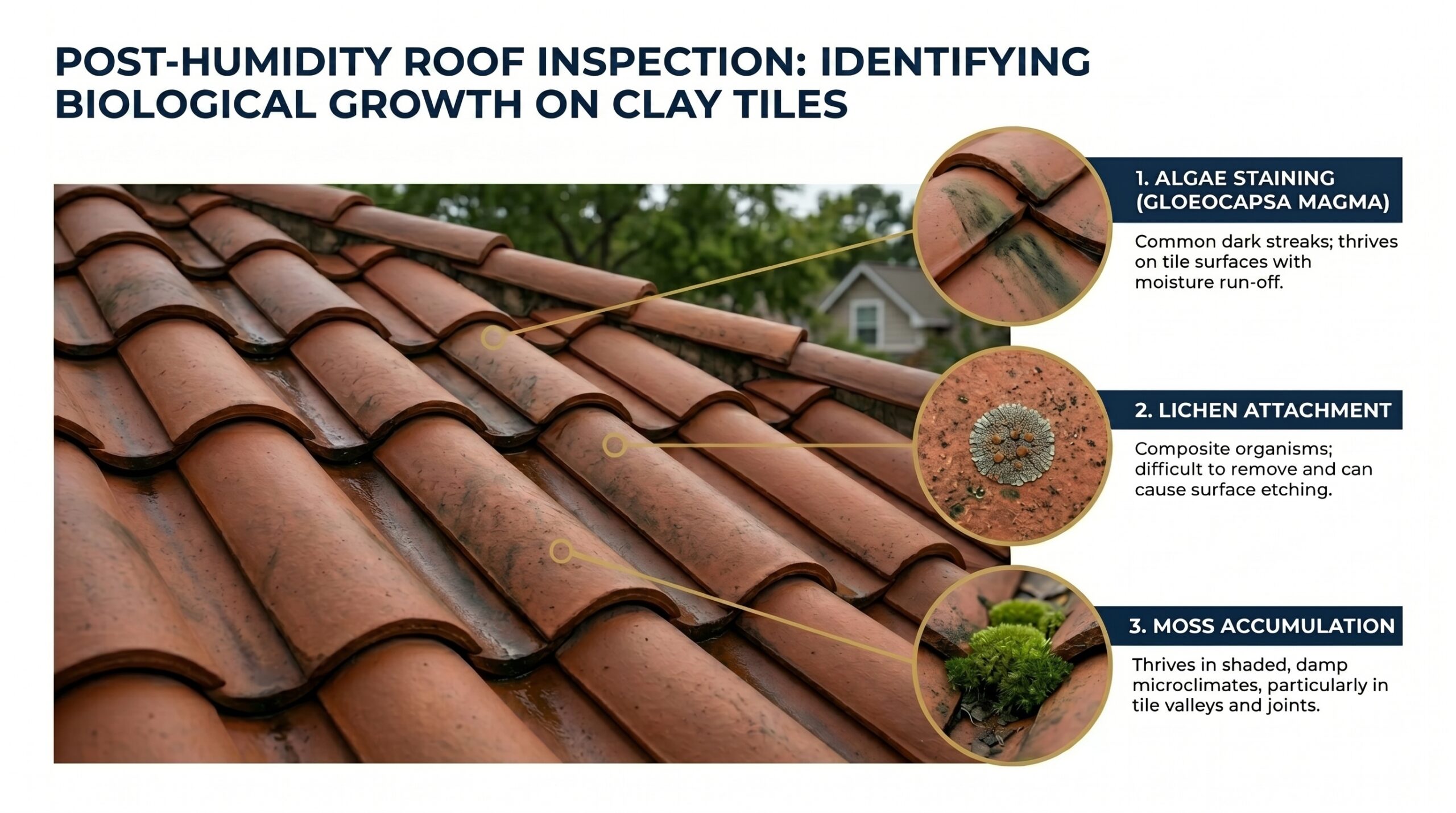 An Achilles Roofing & Exteriors infographic explaining how to identify algae, lichen, and moss growth on a Mexican clay tile roof during a post-humidity inspection.