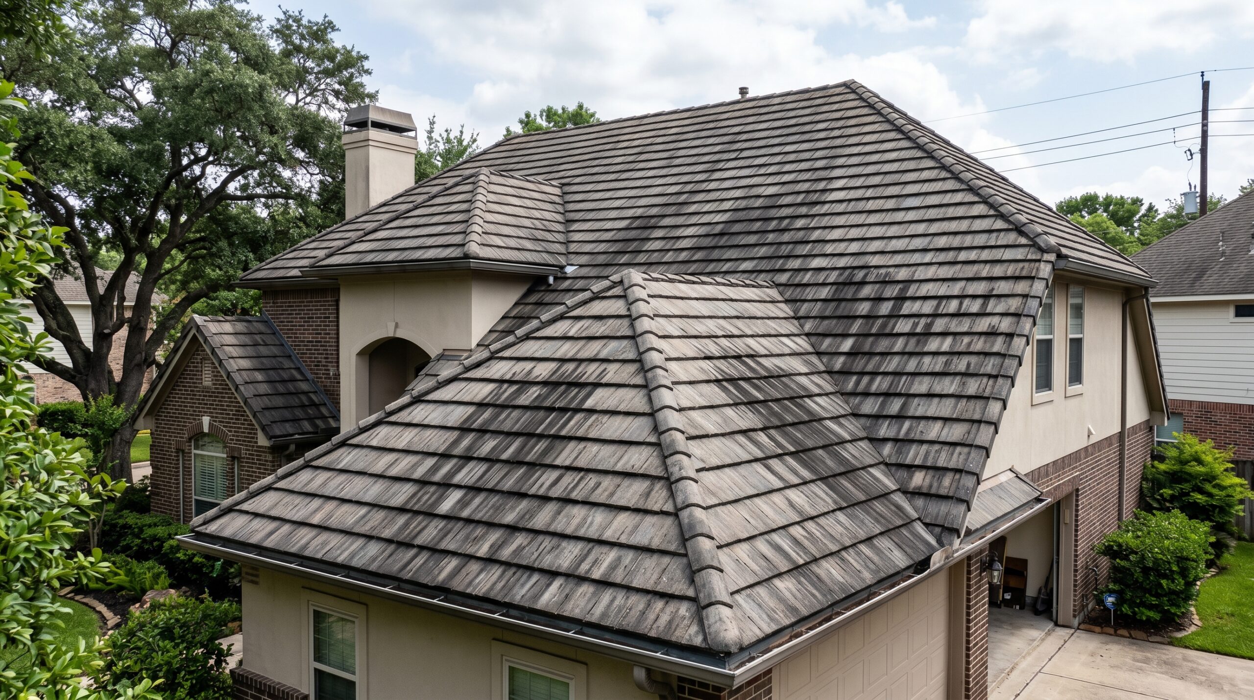 An Achilles Roofing & Exteriors educational guide highlighting Gloeocapsa magma algae growth as a primary cause of dark roof discoloration, emphasizing why professional concrete tile roof maintenance is required.