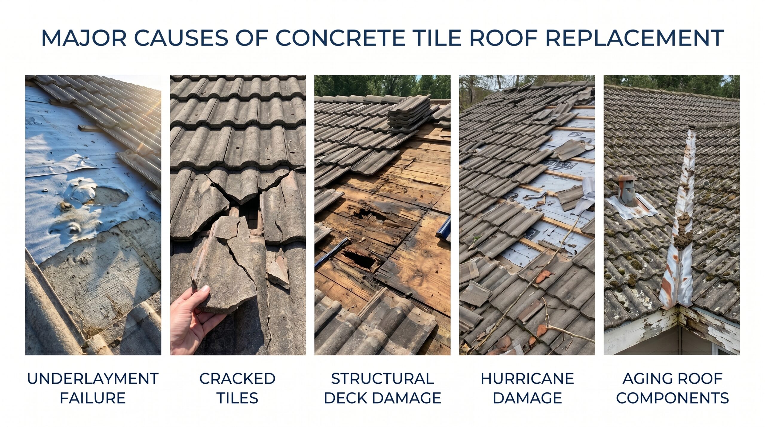 An educational infographic detailing five key forms of structural deterioration on a home, highlighting critical signs that point to the need for a concrete tile roof replacement.