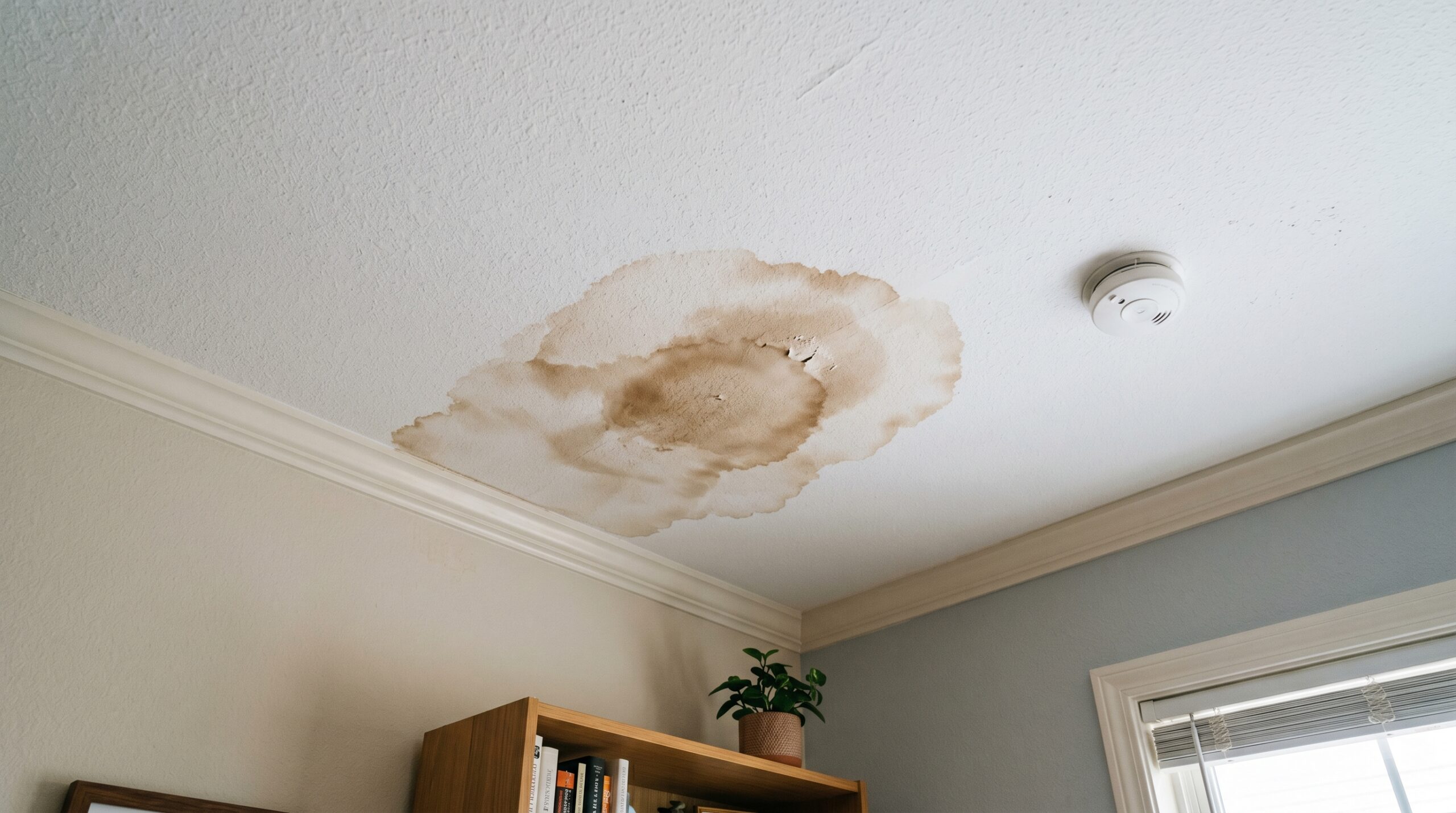 A large, spreading water stain on an indoor ceiling caused by an underlying roof leak, demonstrating the costly consequences of neglecting regular concrete tile roof maintenance.