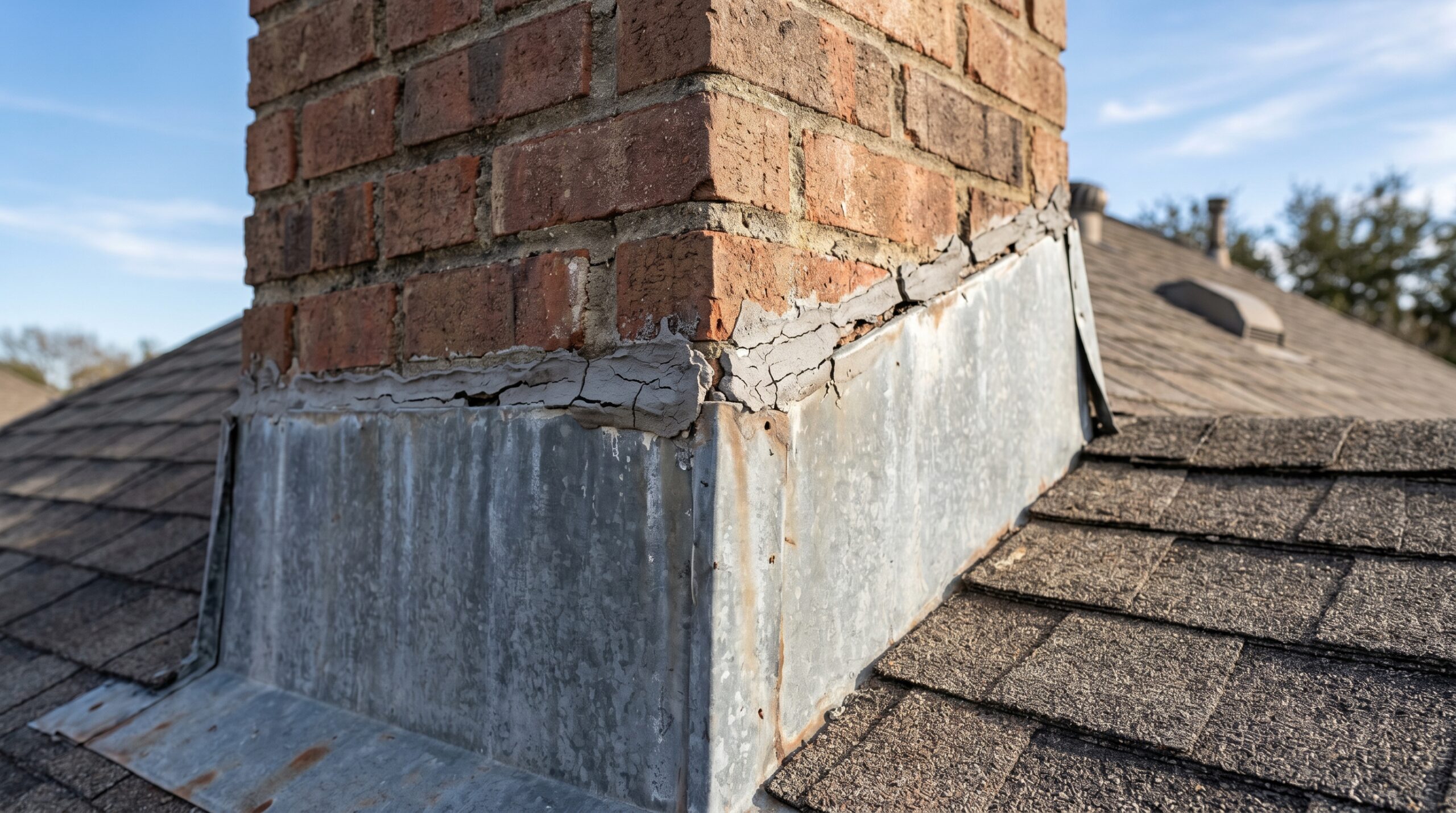Cracked and deteriorating tar sealant along a brick chimney's metal flashing, indicating key inspection points for concrete tile roof maintenance.