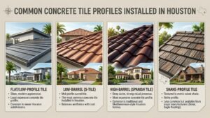 An infographic displaying four styles of a concrete tile roof installed in Houston, including Flat, Low-Barrel, High-Barrel, and Shake profiles.