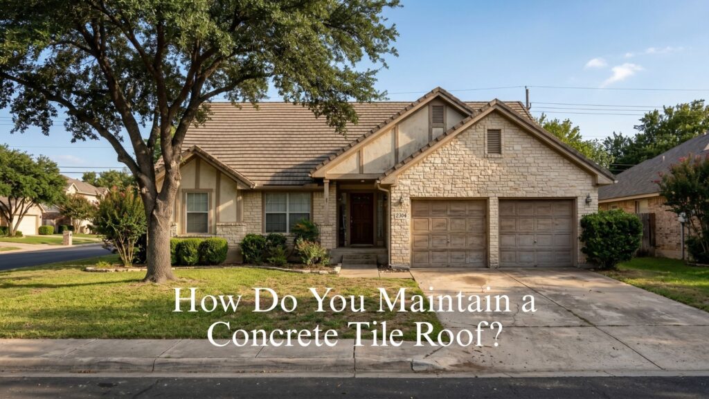 An Achilles Roofing & Exteriors technician using a soft-wash wand to clean moss and grime from terracotta tiles, demonstrating professional concrete tile roof maintenance.